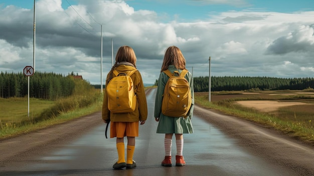Фото Девушки с рюкзаками и идут по дороге в стиле гуманистического сопереживания