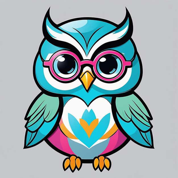 Girly cute owl vector art ready to print gray background flat graphic female vibrant colors with gla