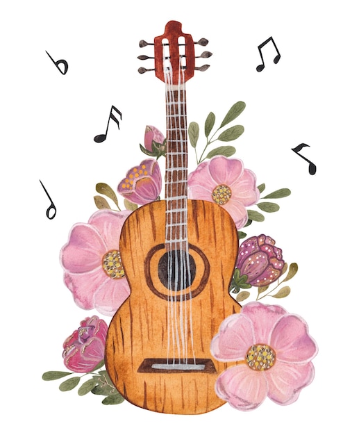 Foto gitaar en bloemen waterverf handtekening geïsoleerd op witte achtergrond