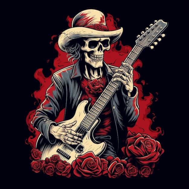 Foto gitaar en schedel tatoeage ontwerp logo tshirt ontwerp stempel