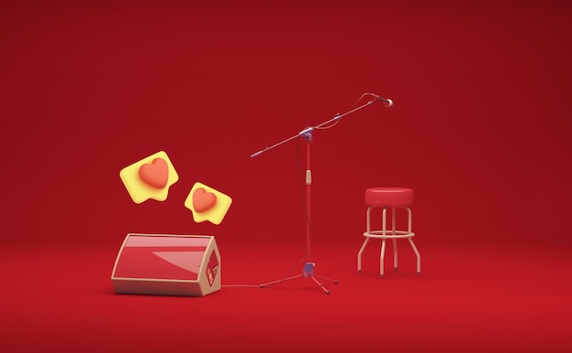 gitaar, microfoon en luidsprekers op rode achtergrond in gele kleuren.