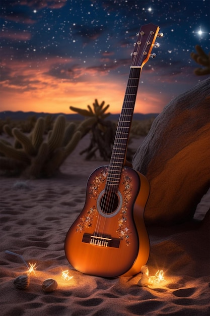 Foto gitaar op dessertachtergrond met lichten en cactus