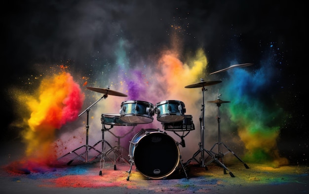 Gitaren en drums met regenboogverf energetische explosie