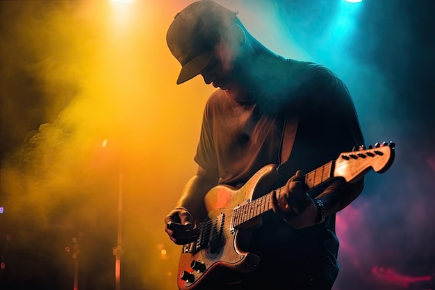 Gitarist die gitaar speelt in een concert verlicht met neonlichten Ai generatief