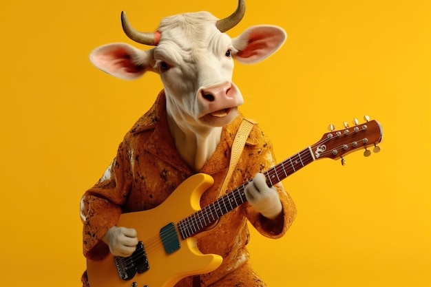 Gitarist witte koe of stier met grote hoorns die zijn gele gitaar op gele achtergrond speelt, draagt een oranje jas