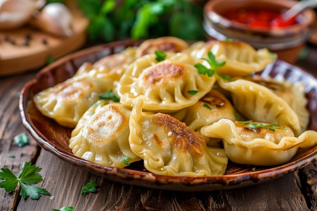 Фото giurza или gyoza dim sum jiaozi momo mandu или ravioli азербайджанские жареные пельмени с измельченным мясом