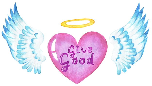 Photo give the good pink heart with wings and a halo motivational purple text on the heart isolated