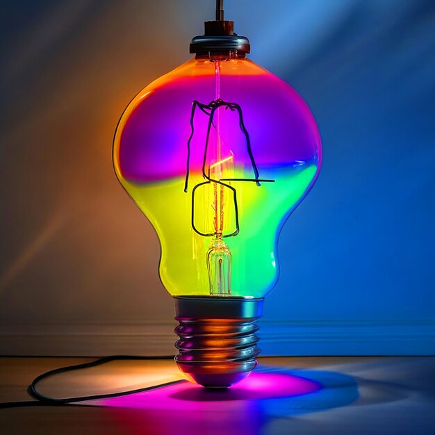 give me a stained light bulb image shining out different colours in a room put it on a lamp image