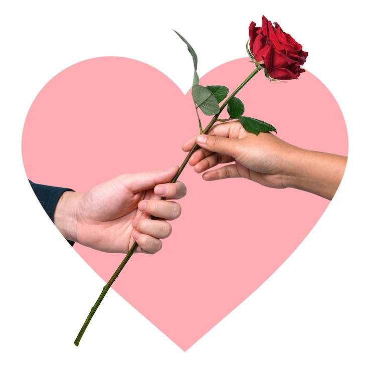 Foto giving rose png badge sticker valentijnsdag foto in hartvormige doorzichtige achtergrond
