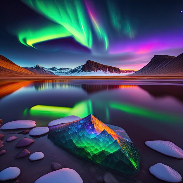 Glacial lagoon in Iceland under the northern lights Night sky with aurora and setting sun