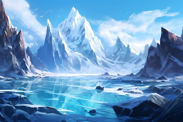 Glacial landscape with icy peaks and frozen lakes