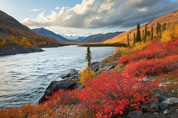 アラスカの秋の風景の氷河山の湖
