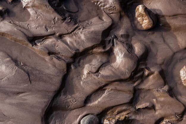 젖은 검은 실트 모래 진흙이 있는 빙하 강둑 해안