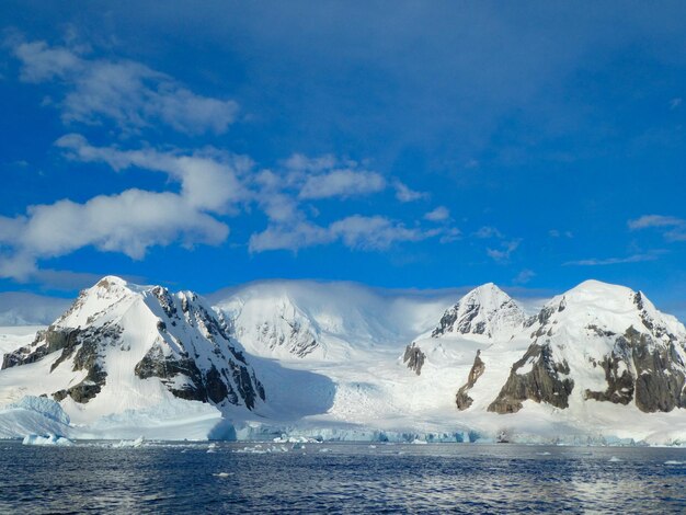 Glacier against snowcapped mountain in antarctica