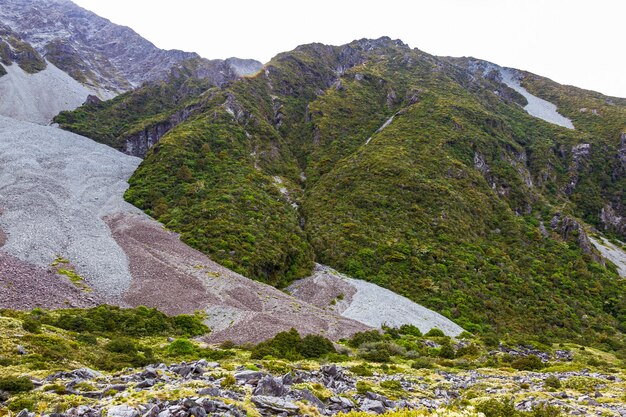 Hooker Lakes와 Mller Lake 뉴질랜드 사이의 Southern Alps Trek에서 호수 사이 계곡의 빙하 발자국