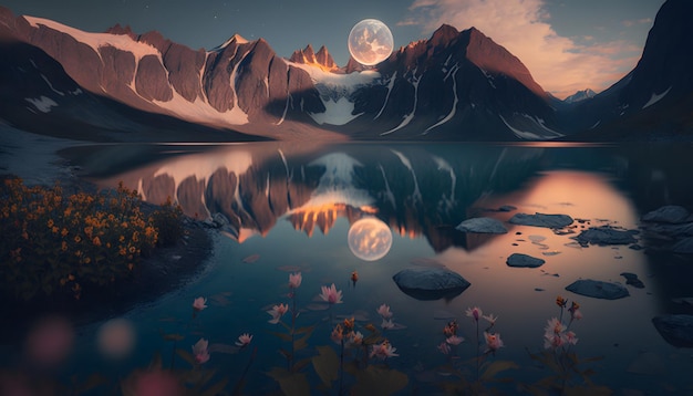 Photo glacier mountain landscape with flowers and lake in beautiful sunset with full moon