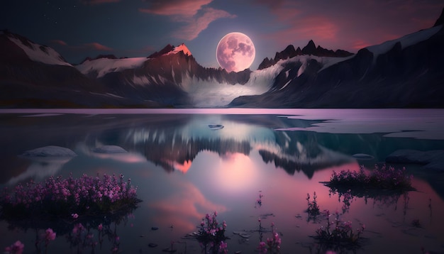 glacier mountain landscape with flowers and lake in beautiful sunset with full moon