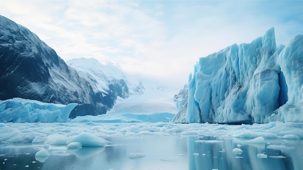 A glacier in the water with icebergs in the background