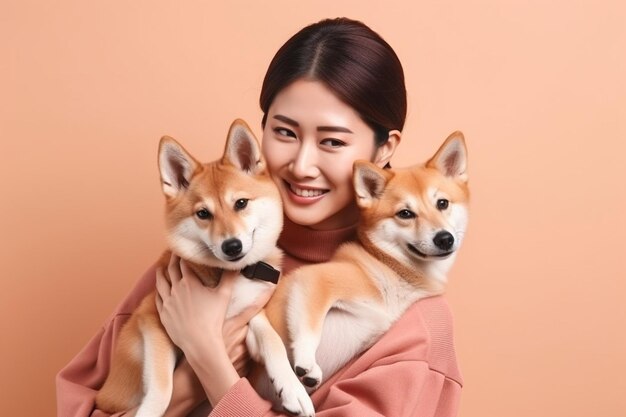 Glad asian woman poses with two small puppies likes shiba inu dogs smiles broadly gets good news from vet happy to have healthy pets