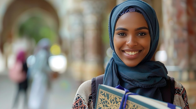 대학에 있는 행복한 흑인 여성 무슬림 학생은 전망에 대한 자신의 초상화를 기원합니다.