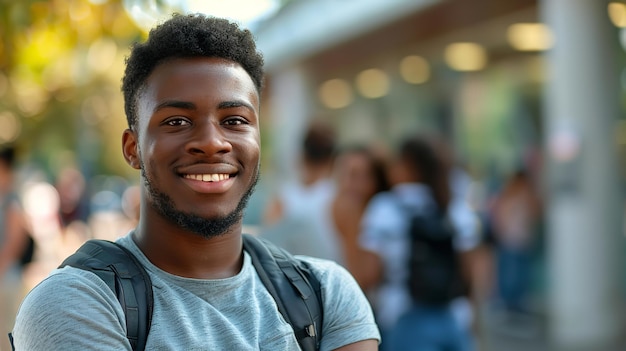 Счастливый чернокожий студент в университете с портретом себя перспективы желания генеративной Ай