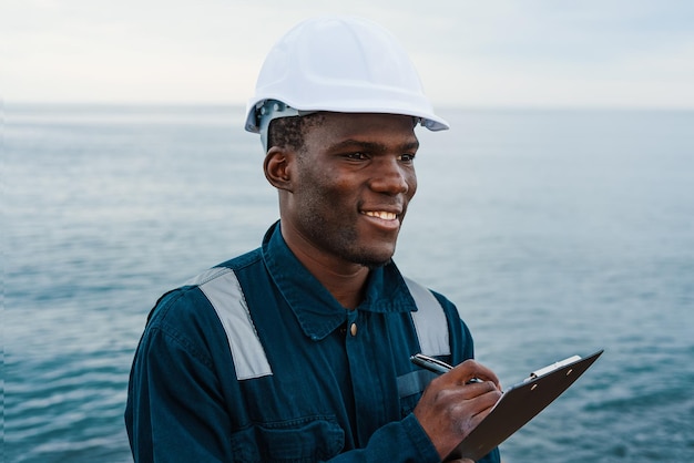 Glad black seaman making notes against sea water