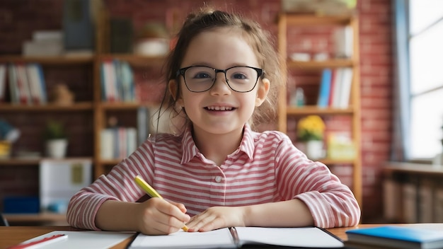 Photo glad ethnic wonk wears glasses has toothy smile prepares for upcoming exam