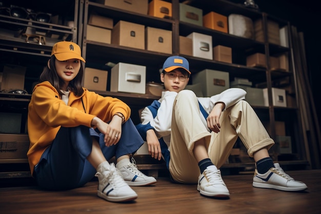 Glad students wearing stylish sneakers and accessories sitting together on the floor with legs