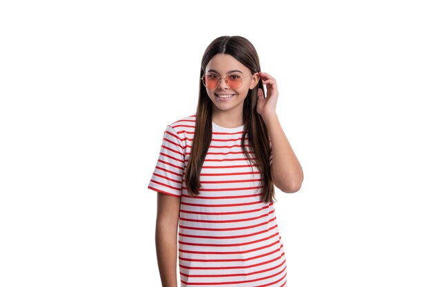 Glad summer tween girl wear striped tshirt on background summer tween girl