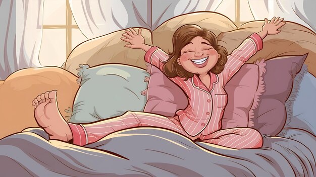 パジャマを着た幸せな女性がベッドで伸びています