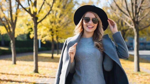 Glad woman wears elegant coat and black hat posing in sunglasses in sunny autumn day