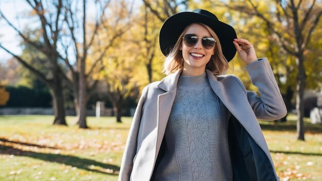 Glad woman wears elegant coat and black hat posing in sunglasses in sunny autumn day