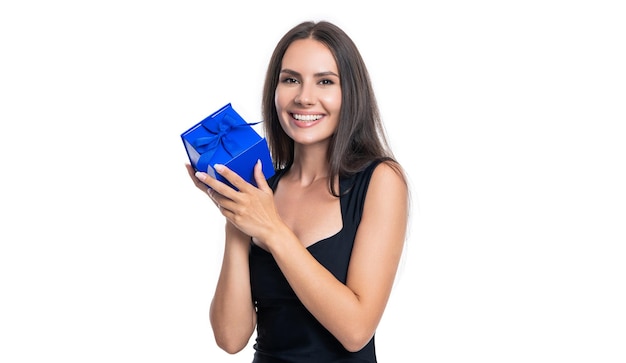 Glad woman with present isolated on white woman with present in studio