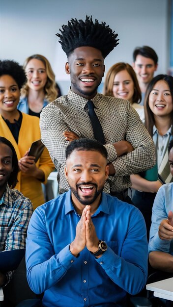 Glad young man with african hairstyle posing with arms crossed in his office with other employees