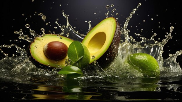 Gladde vers rijpe biologische groene avocado Fruit in tweeën gesneden en in het water gedropt