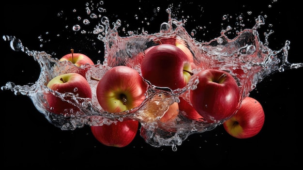 Gladde vers rijpe biologische rode appelfruit in tweeën gesneden en in water vallen en spetteren