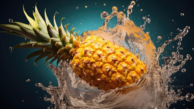 Gladde vers rijpe organische ananas Tropische vruchten snijden en vallen in het water en spetteren