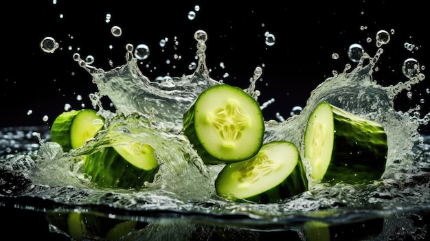 Foto gladde verse organische plakjes rauwe groene komkommer groenten die in water vallen en spetteren