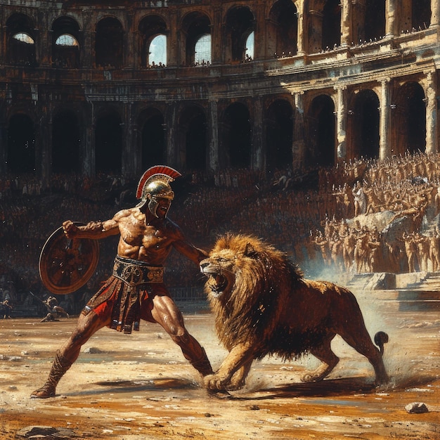 Photo gladiator in coliseum fierce warrior in iconic roman arena epitome of ancient combat historical spectacle in majestic rome dramatic portrayal of bravery and valor