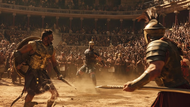 Гладиаторы участвуют в ожесточенной битве, окруженной громоздкими приветствиями ревущей толпы, отражающейся в древнем амфитеатре.