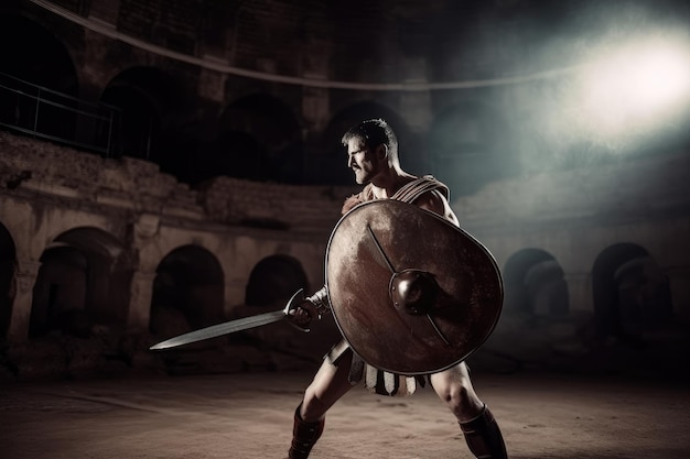 Foto gladiatore che combatte fino alla morte con spada e scudo nell'antica arena romana