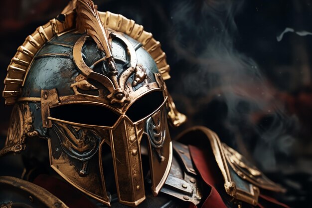 Photo gladiator in iconic armor helmet and weapon illustration photo