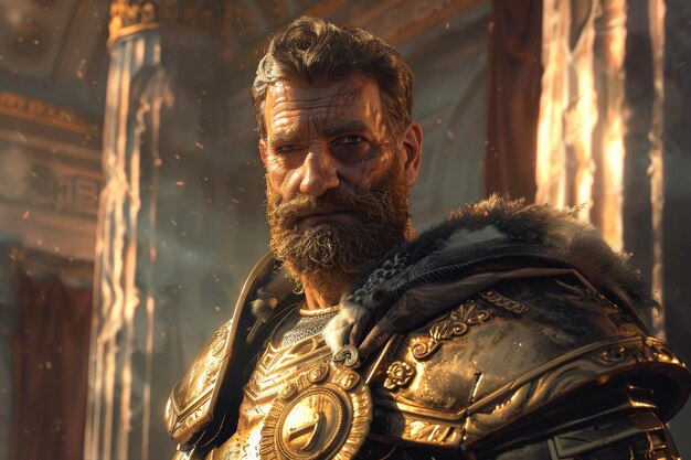 A gladiator king beard trimmed golden armor gleaming His regal stance contrasts with the brutality of the arena