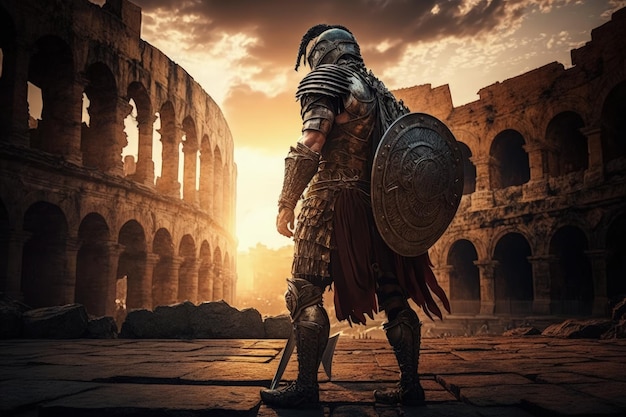 Gladiator met Romeins Colosseum op de achtergrond Romeinse gladiator AI