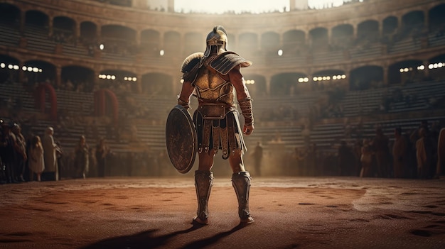 A gladiator stands in a stadium with a large crowd behind him.