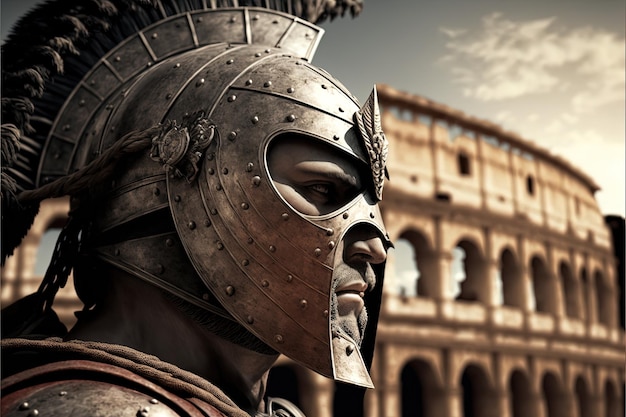 Gladiator with scary helmet, coliseum in background. Generative AI