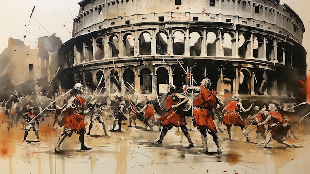 Foto gladiatoren botsen in het colosseum op antiek papier
