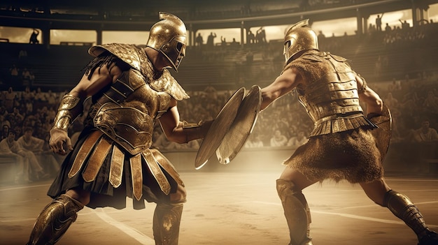 Gladiatoren in gouden pantser vechten in arena digitale illustratie generatieve ai