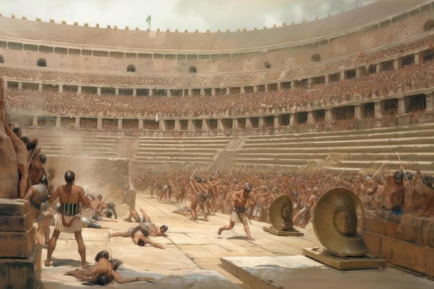 Gladiatorial battle in ancient coliseum with spectators watching from the stands