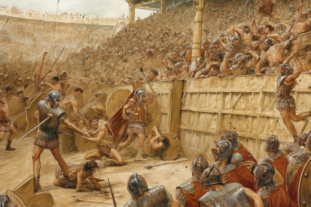 Gladiators fighting in ancient arena surrounded by cheering crowds